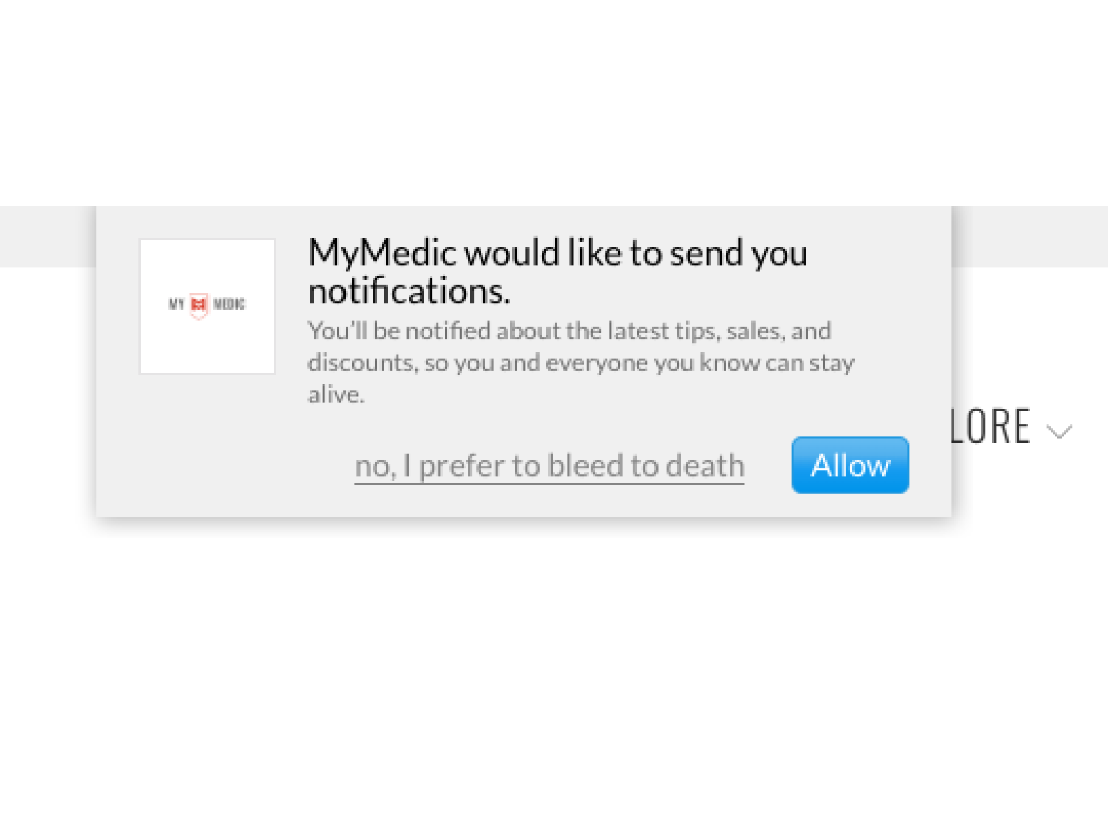 Website notification prompt with manipulative opt out text reading ‘no, I prefer to bleed to death,’ illustrating shaming consent and dark patterns.