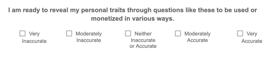 Personality survey consent scale with options from Very Inaccurate to Very Accurate, highlighting data monetization risk.