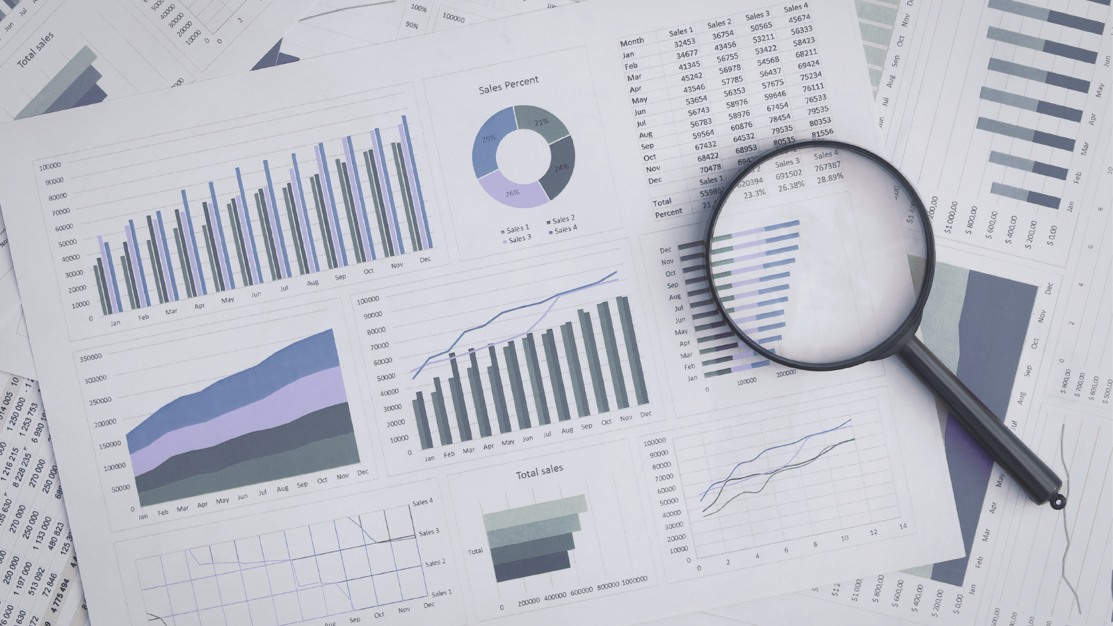 Magnifying glass over financial charts and analytics reports representing data validation and authenticity.