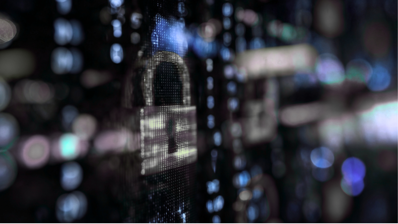 Close-up image of a digital lock over a blurred data background, representing online privacy, encryption, and cybersecurity.