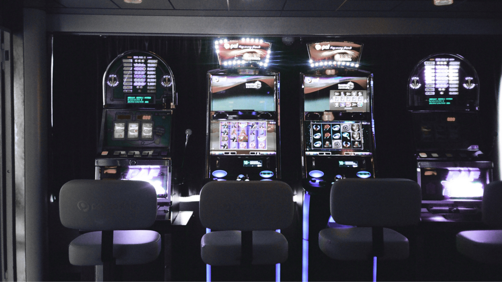 Row of illuminated slot machines in a dark casino setting, representing gambling behavior and speculative market dynamics.