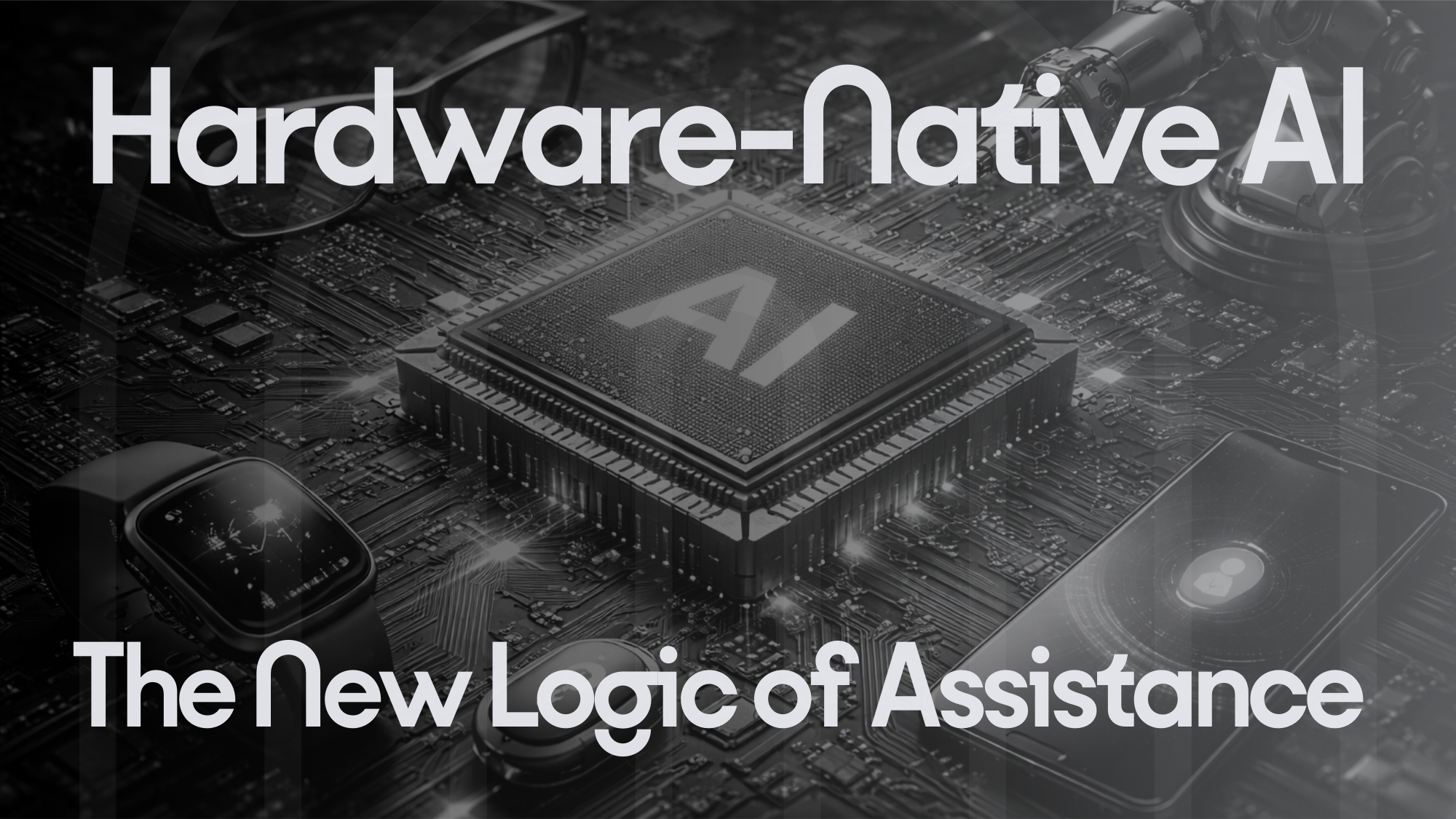 Black and white illustration of an AI computer chip surrounded by smart glasses, robotic arms, smartphones, and wearable devices representing hardware-native AI and edge computing systems.