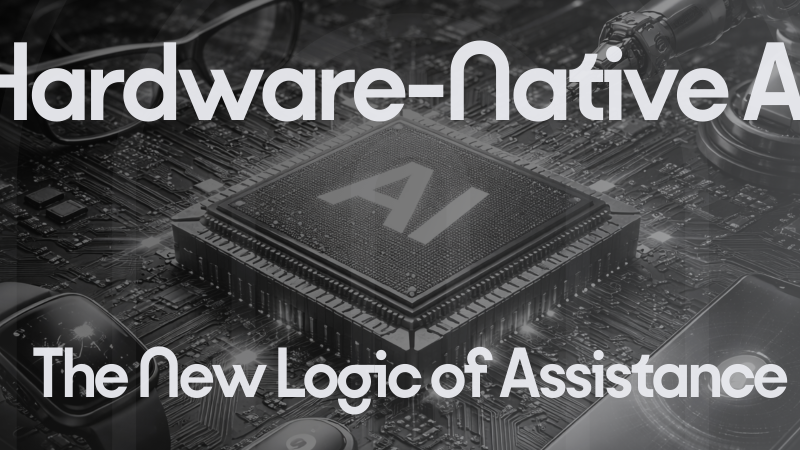 Black and white illustration of an AI computer chip surrounded by smart glasses, robotic arms, smartphones, and wearable devices representing hardware-native AI and edge computing systems.