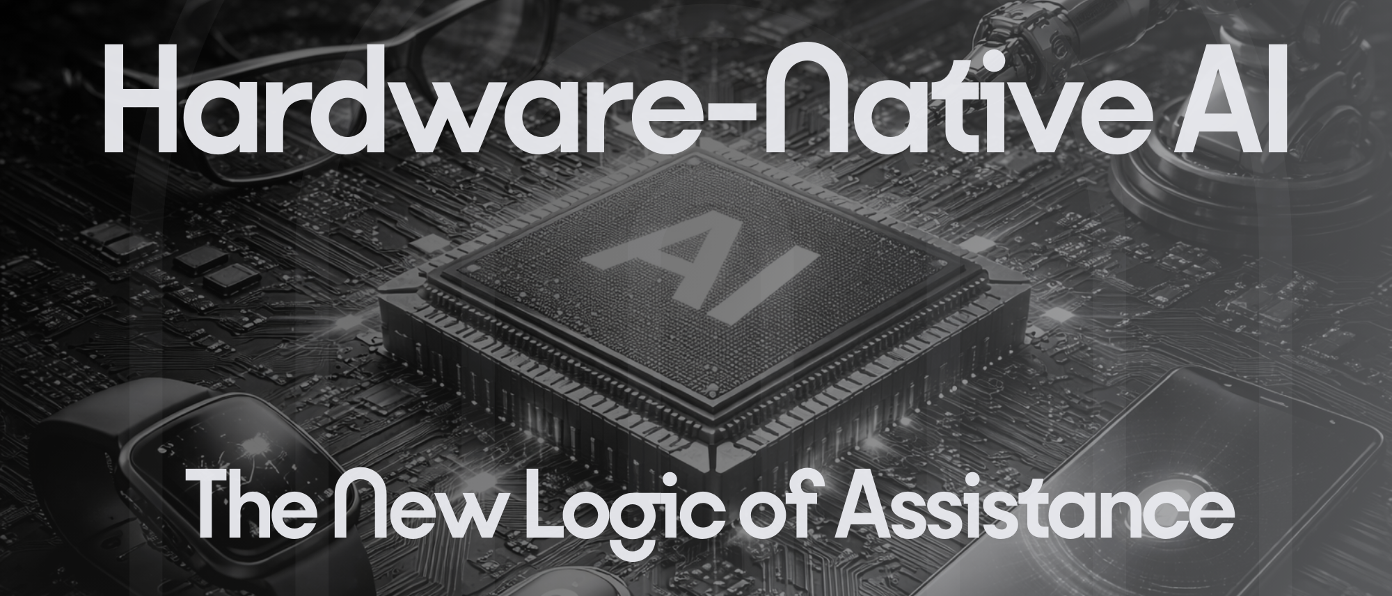 Black and white illustration of an AI computer chip surrounded by smart glasses, robotic arms, smartphones, and wearable devices representing hardware-native AI and edge computing systems.