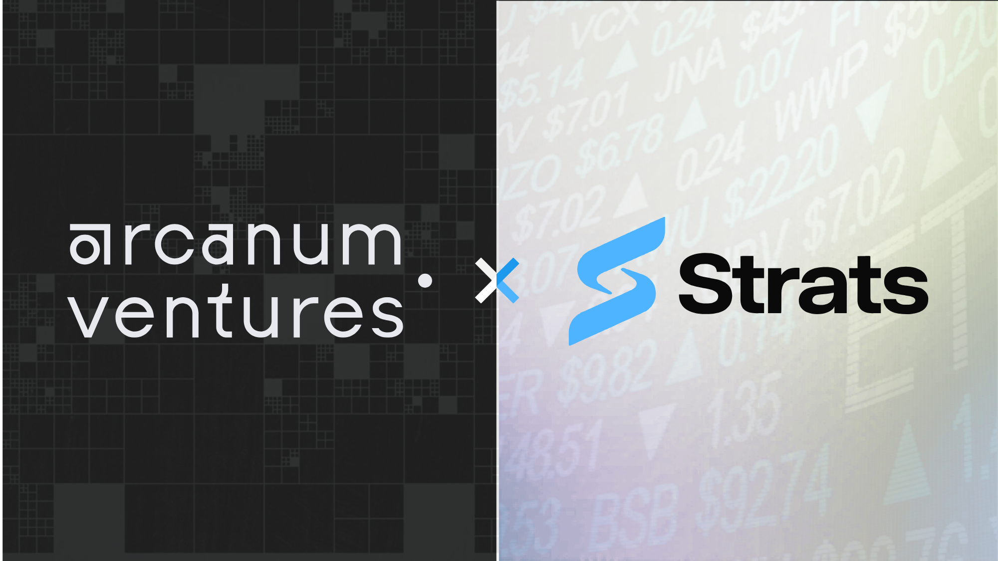 Arcanum Ventures and Strats strategic partnership graphic featuring both corporate logos over a split dark grid and light financial ticker background.