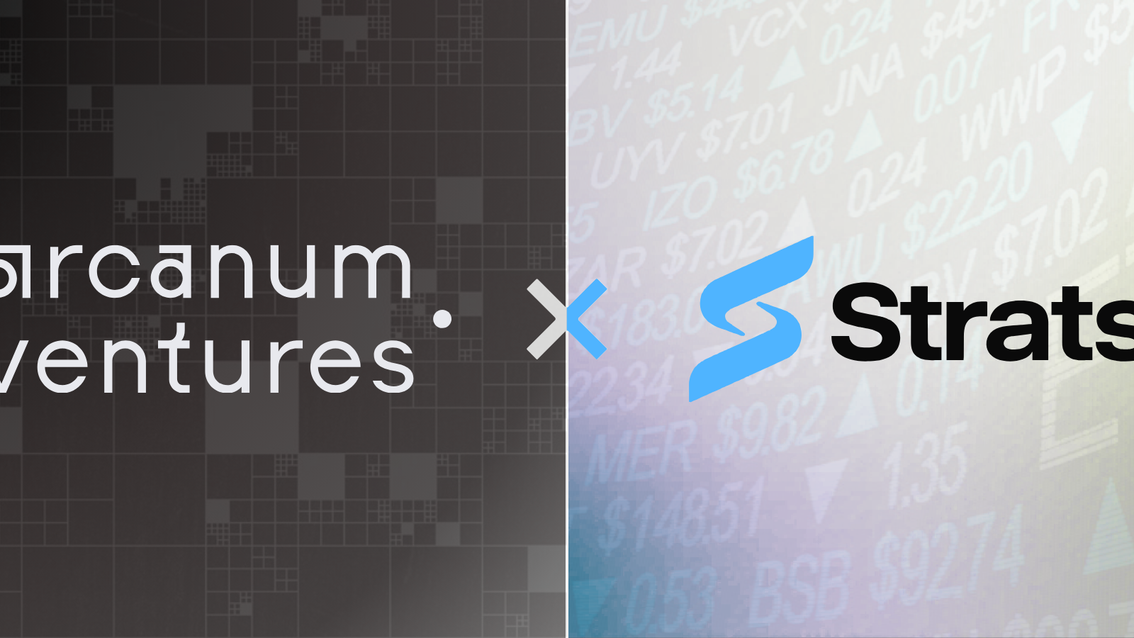 Arcanum Ventures and Strats strategic partnership graphic featuring both corporate logos over a split dark grid and light financial ticker background.