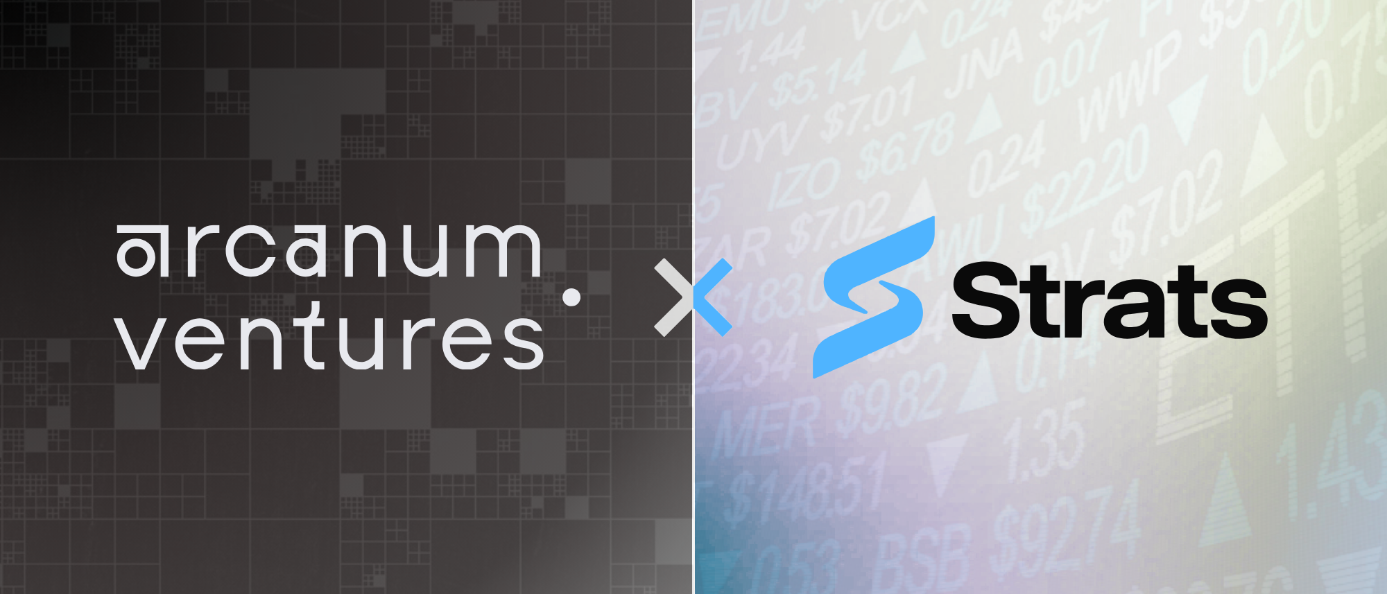 Arcanum Ventures and Strats strategic partnership graphic featuring both corporate logos over a split dark grid and light financial ticker background.