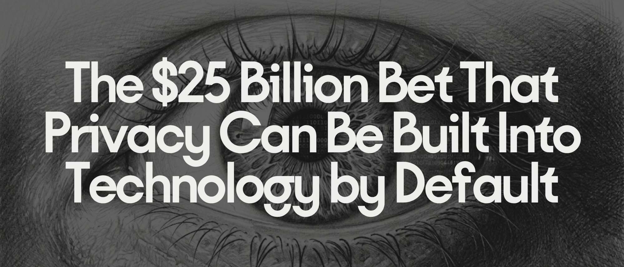Hyper detailed pencil sketch illustration of a human eye with binary code reflected in the iris used as the banner image for the Arcanum Ventures article on privacy enhancing technology