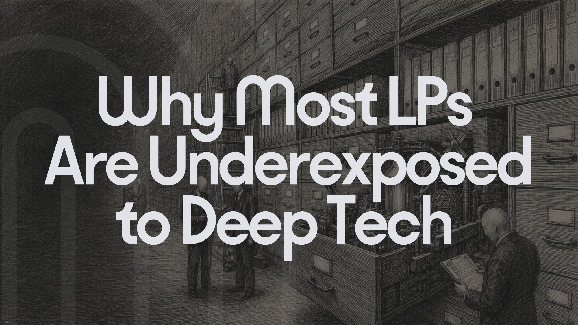 Large white text reading 'Why Most LPs Are Underexposed to Deep Tech' overlaid on a dark, detailed pencil illustration of a vintage archiving room or laboratory filled with files and equipment.