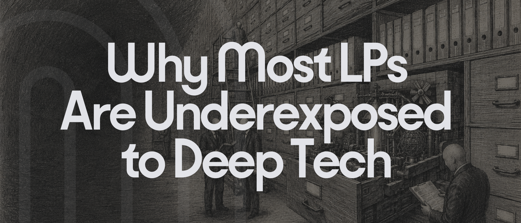 Large white text reading 'Why Most LPs Are Underexposed to Deep Tech' overlaid on a dark, detailed pencil illustration of a vintage archiving room or laboratory filled with files and equipment.