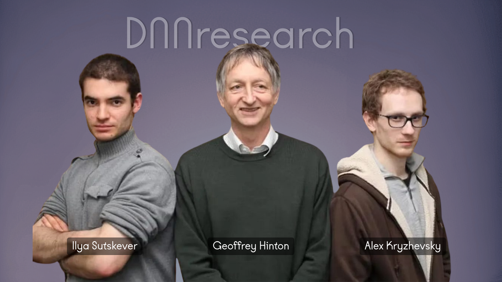 Graphic portrait featuring the three members of DNNresearch—Ilya Sutskever, Geoffrey Hinton, and Alex Krizhevsky—standing side by side against a dark background with